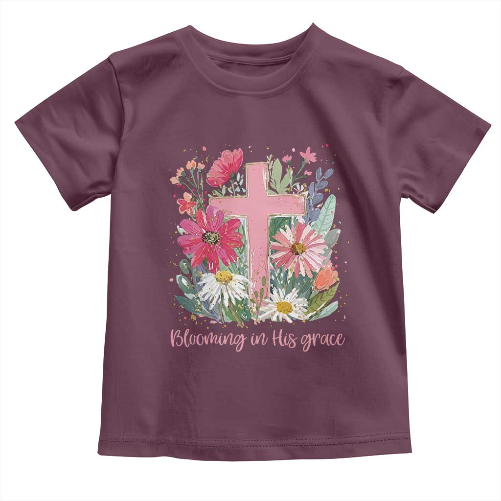 Blooming in His Grace Toddler T Shirt Boho Wildflower Christian Faith Bible Verse TS14 Maroon Print Your Wear