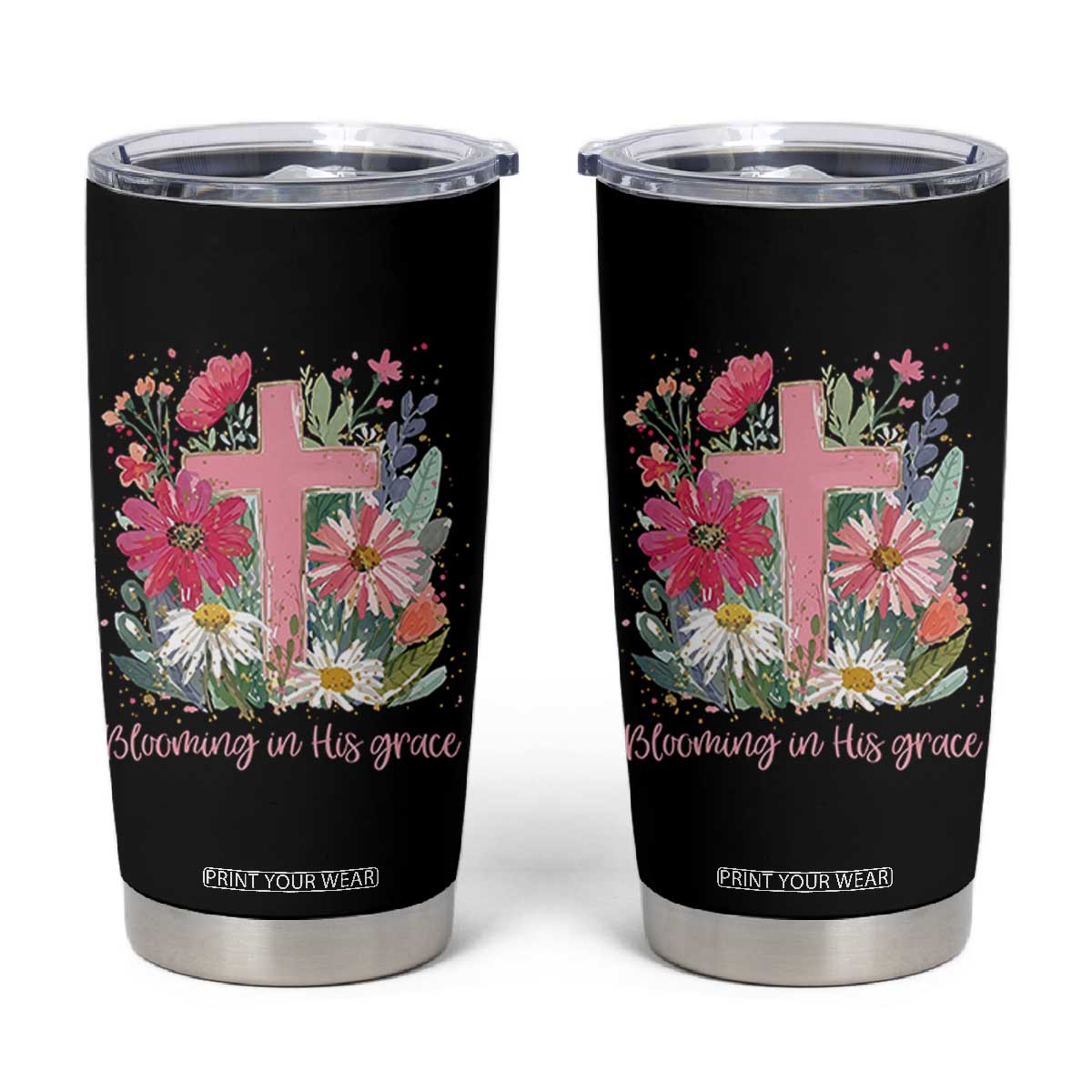 Blooming in His Grace Tumbler Cup Boho Wildflower Christian Faith Bible Verse TS14 Black Print Your Wear