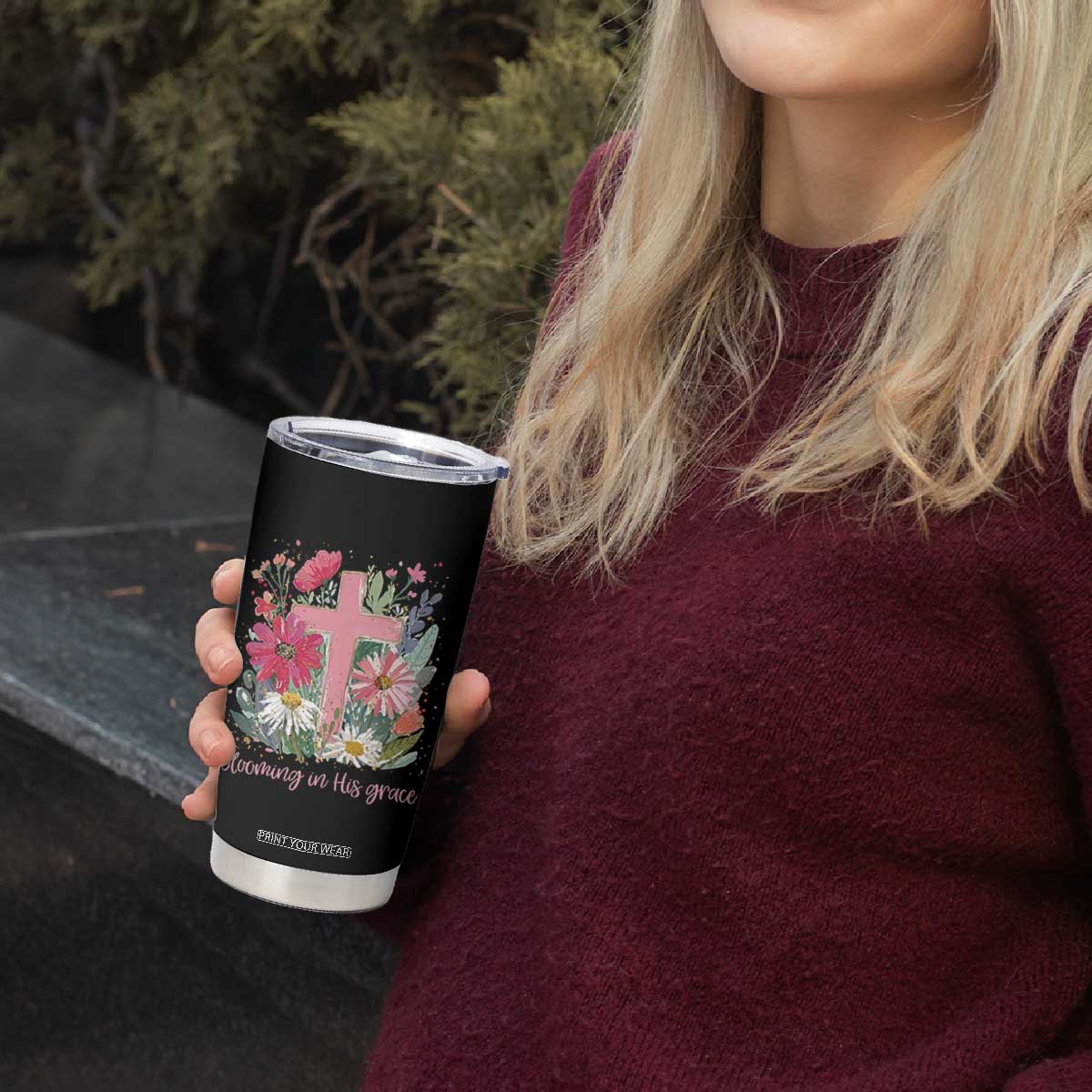 Blooming in His Grace Tumbler Cup Boho Wildflower Christian Faith Bible Verse TS14 Print Your Wear