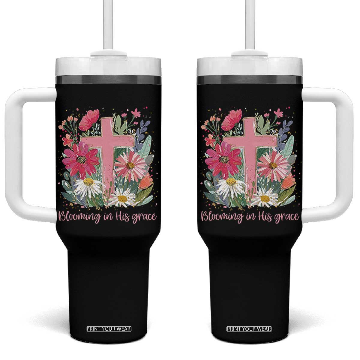 Blooming in His Grace Tumbler With Handle Boho Wildflower Christian Faith Bible Verse TS14 One Size: 40 oz Black Print Your Wear