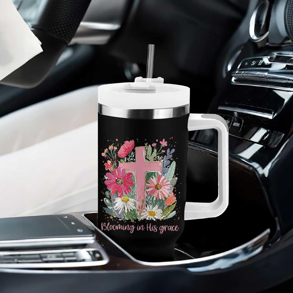 Blooming in His Grace Tumbler With Handle Boho Wildflower Christian Faith Bible Verse TS14 Print Your Wear