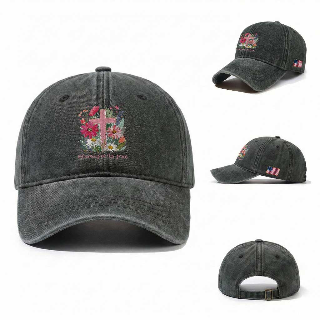 Blooming in His Grace Washed Cotton Baseball Cap Boho Wildflower Christian Faith Bible Verse TS14 Washed Cap Universal Fit Dark Green Print Your Wear