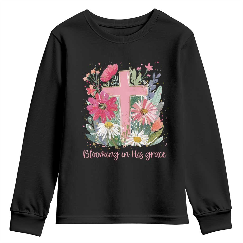 Blooming in His Grace Youth Sweatshirt Boho Wildflower Christian Faith Bible Verse TS14 Black Print Your Wear