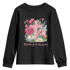 Blooming in His Grace Youth Sweatshirt Boho Wildflower Christian Faith Bible Verse TS14 Black Print Your Wear