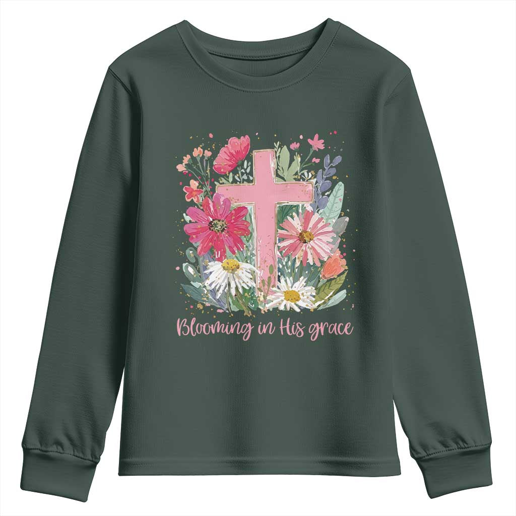 Blooming in His Grace Youth Sweatshirt Boho Wildflower Christian Faith Bible Verse TS14 Dark Forest Green Print Your Wear