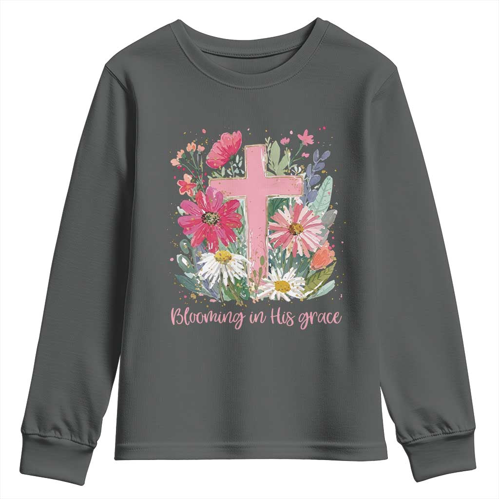 Blooming in His Grace Youth Sweatshirt Boho Wildflower Christian Faith Bible Verse TS14 Dark Heather Print Your Wear
