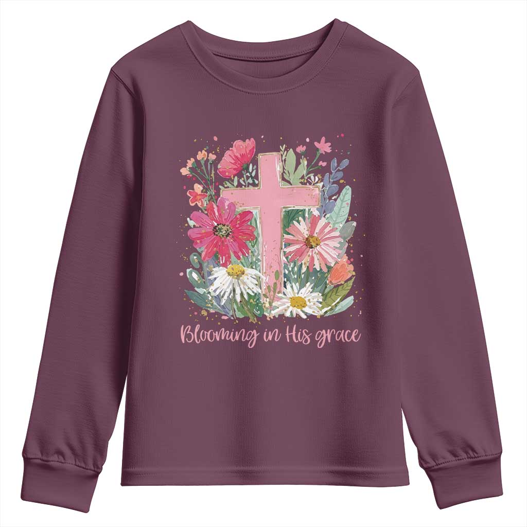 Blooming in His Grace Youth Sweatshirt Boho Wildflower Christian Faith Bible Verse TS14 Maroon Print Your Wear
