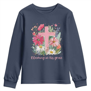 Blooming in His Grace Youth Sweatshirt Boho Wildflower Christian Faith Bible Verse TS14 Navy Print Your Wear