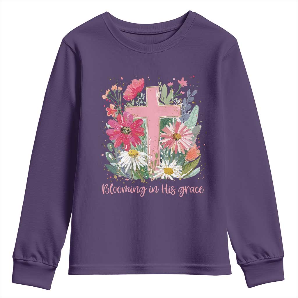 Blooming in His Grace Youth Sweatshirt Boho Wildflower Christian Faith Bible Verse TS14 Purple Print Your Wear