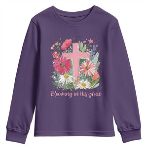 Blooming in His Grace Youth Sweatshirt Boho Wildflower Christian Faith Bible Verse TS14 Purple Print Your Wear