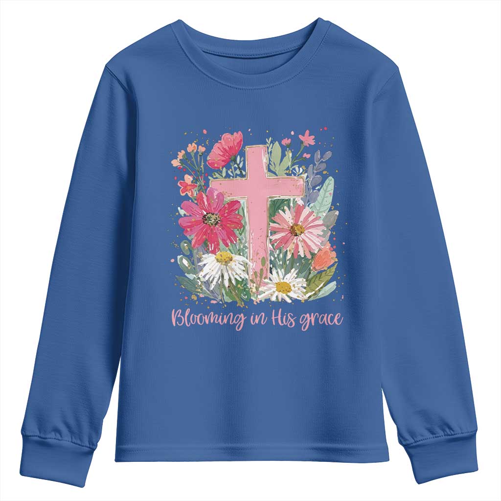 Blooming in His Grace Youth Sweatshirt Boho Wildflower Christian Faith Bible Verse TS14 Royal Blue Print Your Wear