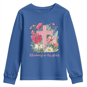 Blooming in His Grace Youth Sweatshirt Boho Wildflower Christian Faith Bible Verse TS14 Royal Blue Print Your Wear