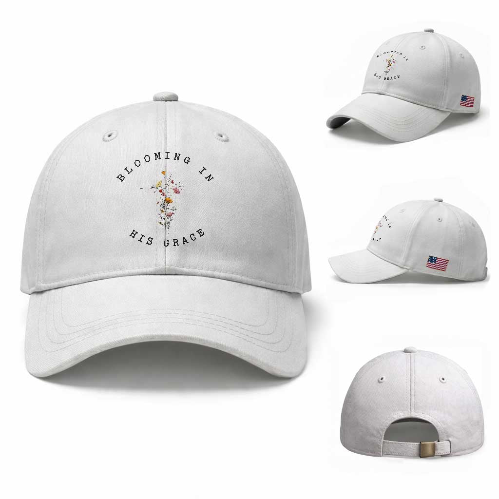 Blooming in His Grace Baseball Cap Boho Wildflower Christian Faith TS14 Baseball Cap Universal Fit White Print Your Wear