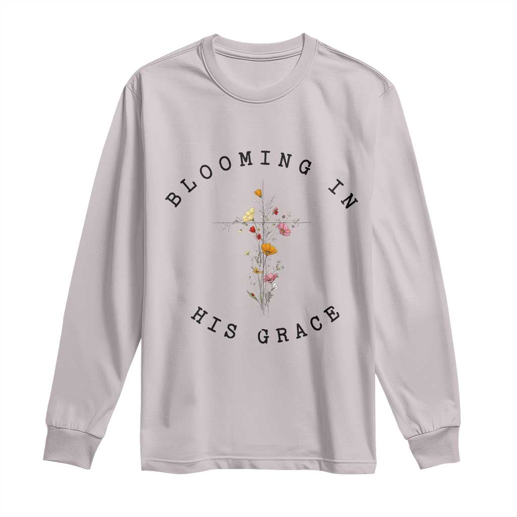 Blooming in His Grace Long Sleeve Shirt Boho Wildflower Christian Faith TS14 Ice Gray Print Your Wear