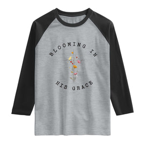 Blooming in His Grace Raglan Shirt Boho Wildflower Christian Faith TS14 Heather Gray Black Print Your Wear