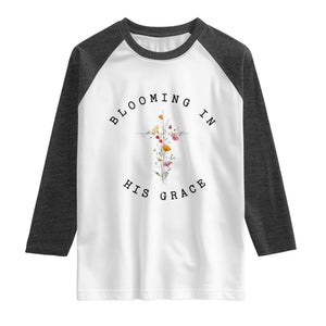 Blooming in His Grace Raglan Shirt Boho Wildflower Christian Faith TS14 White Heather Charcoal Print Your Wear