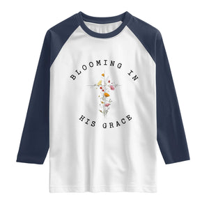 Blooming in His Grace Raglan Shirt Boho Wildflower Christian Faith TS14 White Navy Print Your Wear