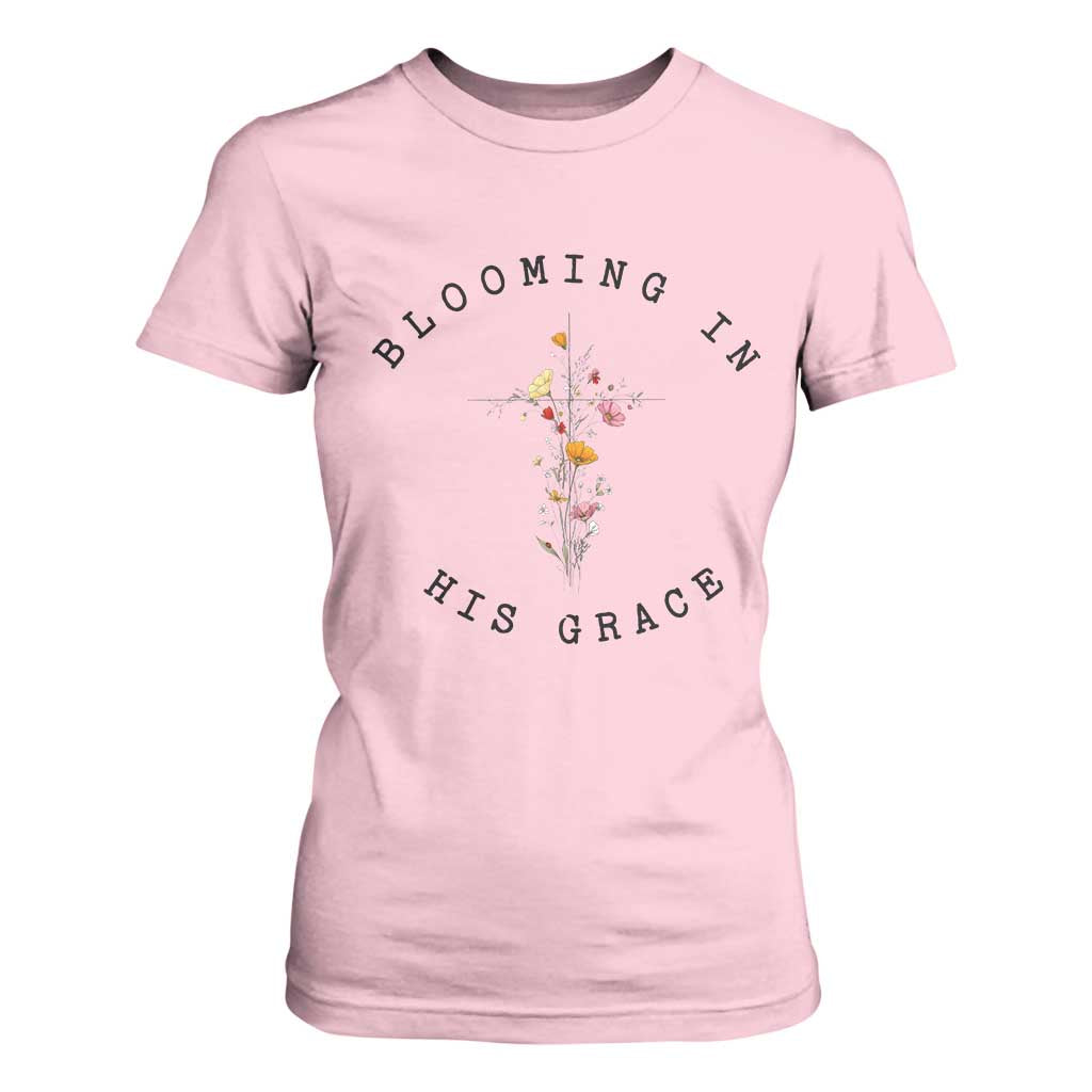 Blooming in His Grace T Shirt For Women Boho Wildflower Christian Faith TS14 Light Pink Print Your Wear