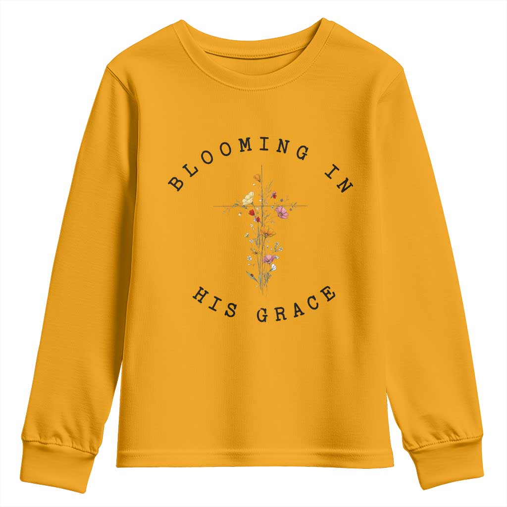 Blooming in His Grace Youth Sweatshirt Boho Wildflower Christian Faith TS14 Gold Print Your Wear