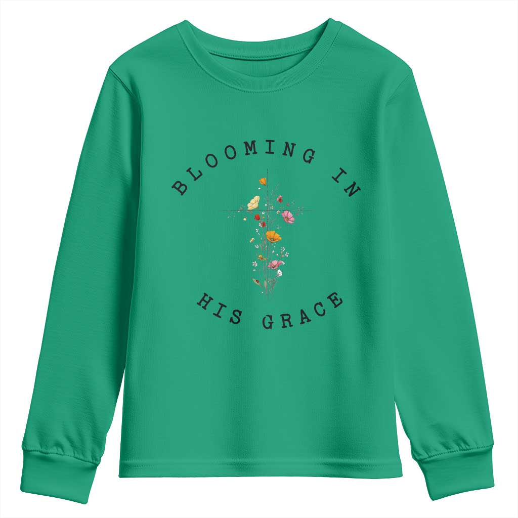 Blooming in His Grace Youth Sweatshirt Boho Wildflower Christian Faith TS14 Irish Green Print Your Wear