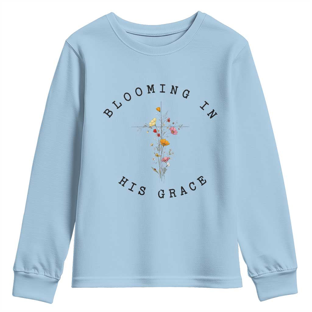 Blooming in His Grace Youth Sweatshirt Boho Wildflower Christian Faith TS14 Light Blue Print Your Wear