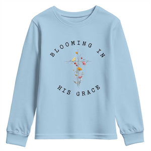 Blooming in His Grace Youth Sweatshirt Boho Wildflower Christian Faith TS14 Light Blue Print Your Wear