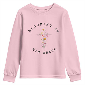 Blooming in His Grace Youth Sweatshirt Boho Wildflower Christian Faith TS14 Light Pink Print Your Wear