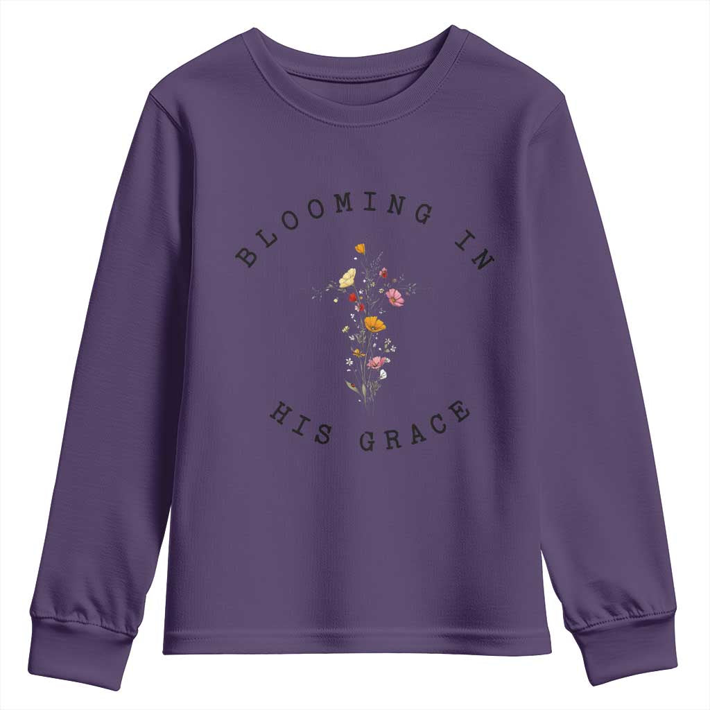 Blooming in His Grace Youth Sweatshirt Boho Wildflower Christian Faith TS14 Purple Print Your Wear