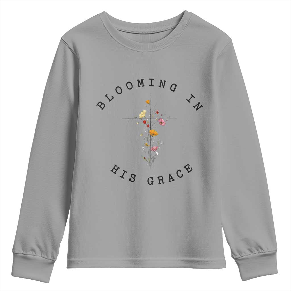 Blooming in His Grace Youth Sweatshirt Boho Wildflower Christian Faith TS14 Sport Gray Print Your Wear