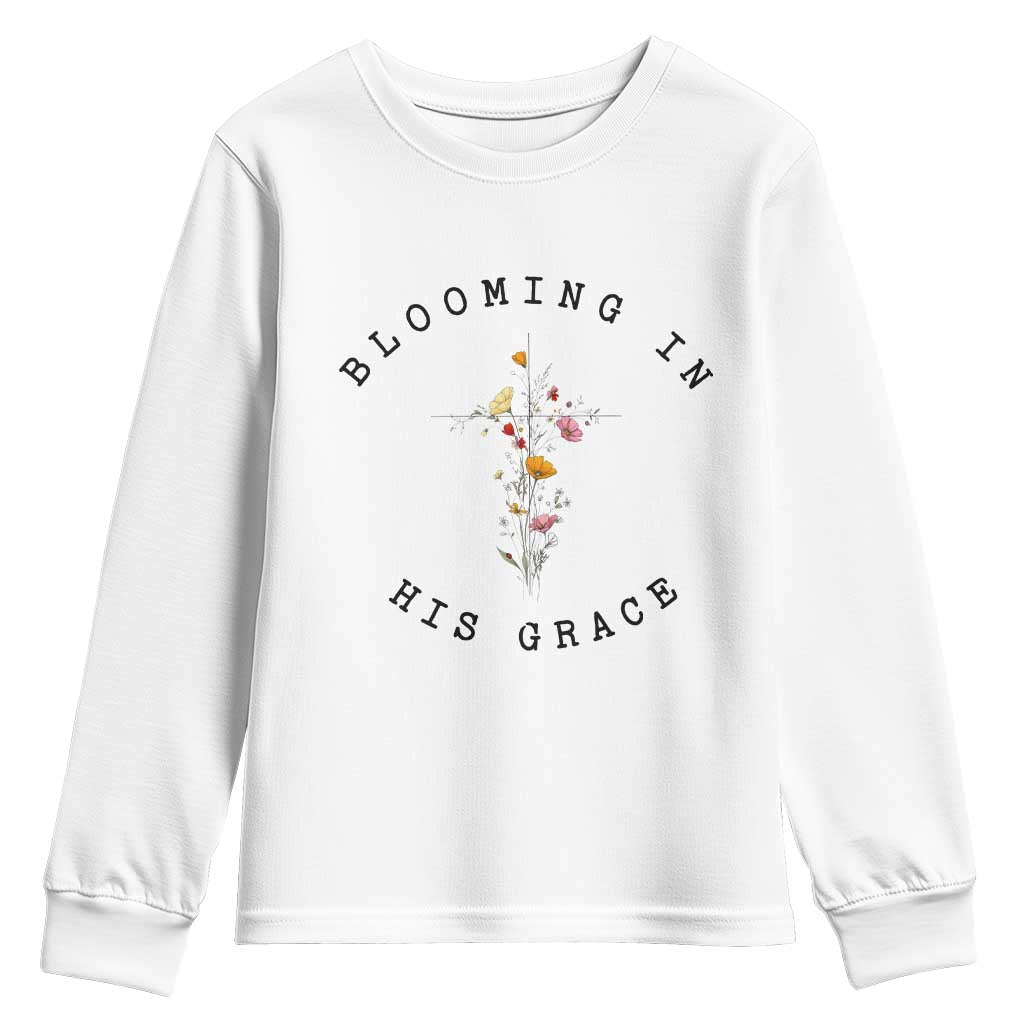 Blooming in His Grace Youth Sweatshirt Boho Wildflower Christian Faith TS14 White Print Your Wear