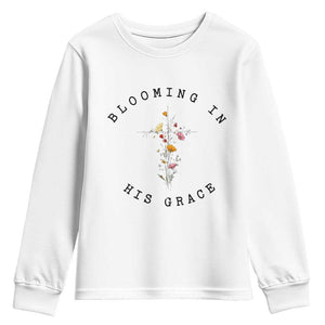 Blooming in His Grace Youth Sweatshirt Boho Wildflower Christian Faith TS14 White Print Your Wear
