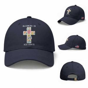 Blooming in His Grace Boho Christian Wildflower Baseball Cap Floral Cross Religious TS14 Baseball Cap Universal Fit Navy Print Your Wear