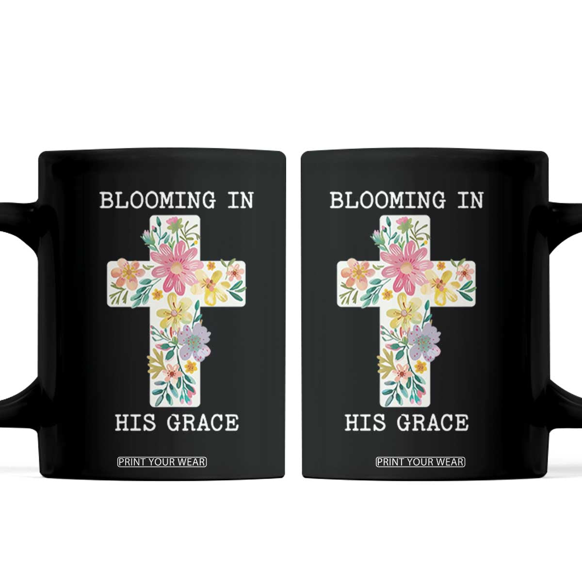 Blooming in His Grace Boho Christian Wildflower Coffee Mug Floral Cross Religious TS14 Black Print Your Wear