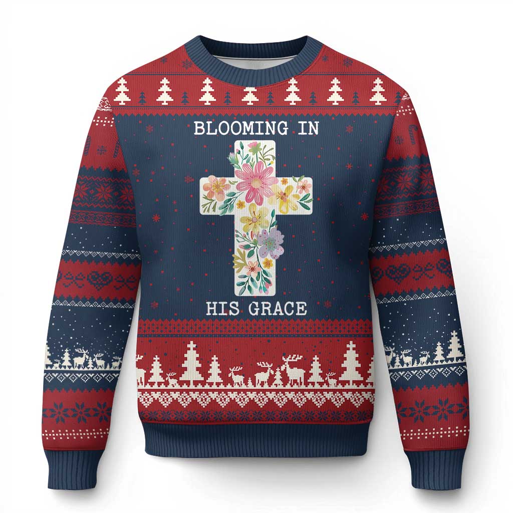 Blooming in His Grace Boho Christian Wildflower Ugly Christmas Sweater Floral Cross Religious TS14 Navy Red Print Your Wear