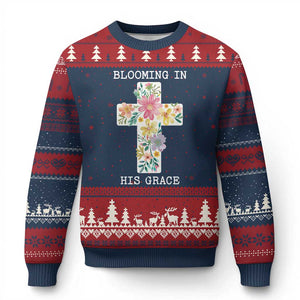Blooming in His Grace Boho Christian Wildflower Ugly Christmas Sweater Floral Cross Religious TS14 Navy Red Print Your Wear