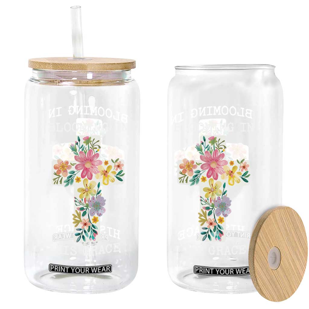 Blooming in His Grace Boho Christian Wildflower Glass Can Floral Cross Religious TS14 Print Your Wear