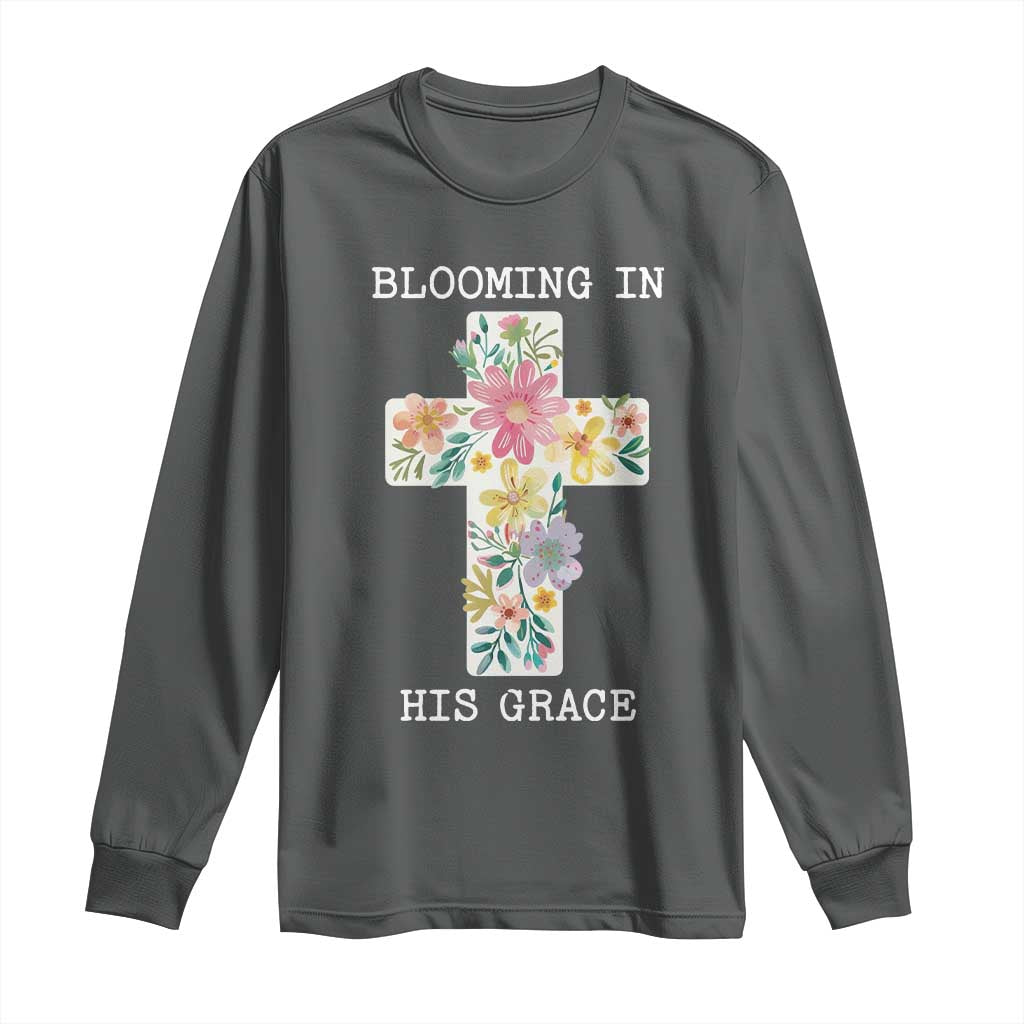 Blooming in His Grace Boho Christian Wildflower Long Sleeve Shirt Floral Cross Religious TS14 Dark Heather Print Your Wear
