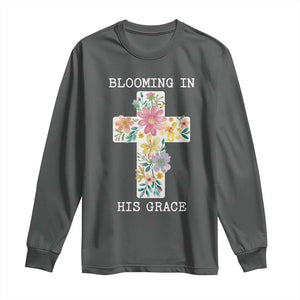 Blooming in His Grace Boho Christian Wildflower Long Sleeve Shirt Floral Cross Religious TS14 Dark Heather Print Your Wear