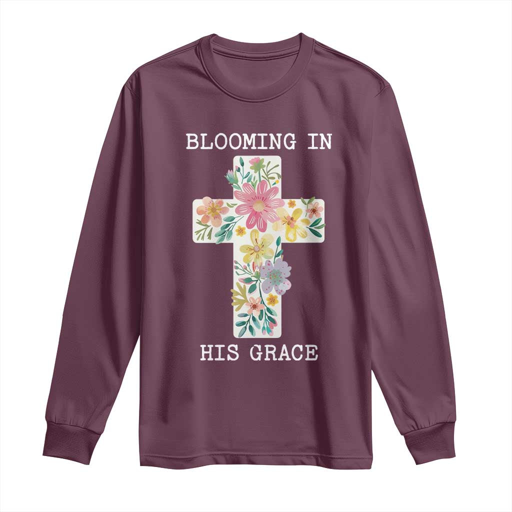 Blooming in His Grace Boho Christian Wildflower Long Sleeve Shirt Floral Cross Religious TS14 Maroon Print Your Wear