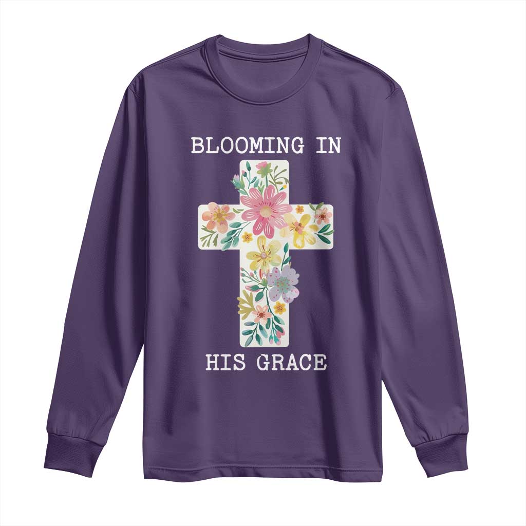 Blooming in His Grace Boho Christian Wildflower Long Sleeve Shirt Floral Cross Religious TS14 Purple Print Your Wear