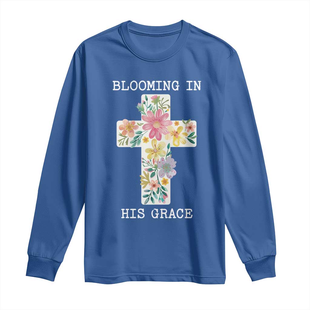 Blooming in His Grace Boho Christian Wildflower Long Sleeve Shirt Floral Cross Religious TS14 Royal Blue Print Your Wear