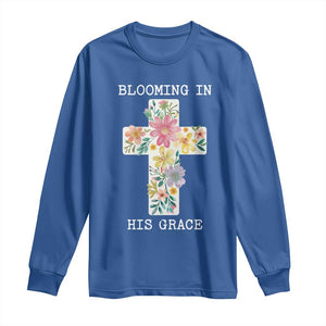 Blooming in His Grace Boho Christian Wildflower Long Sleeve Shirt Floral Cross Religious TS14 Royal Blue Print Your Wear