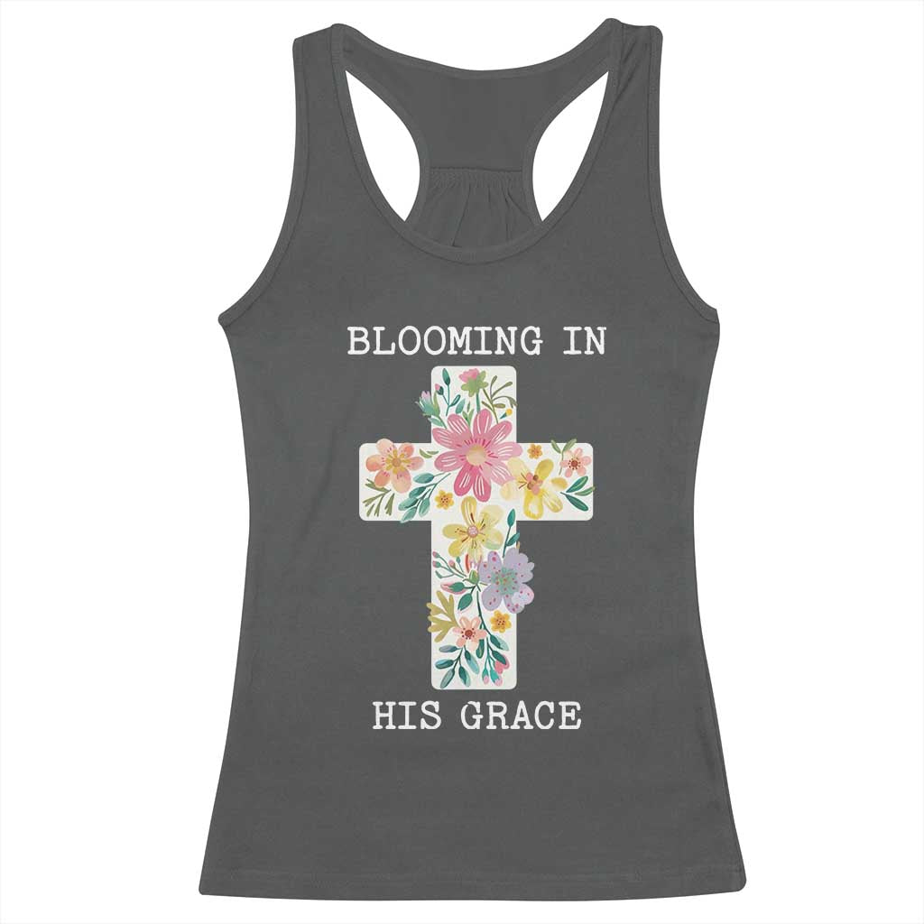 Blooming in His Grace Boho Christian Wildflower Racerback Tank Top Floral Cross Religious TS14 Dark Heather Print Your Wear