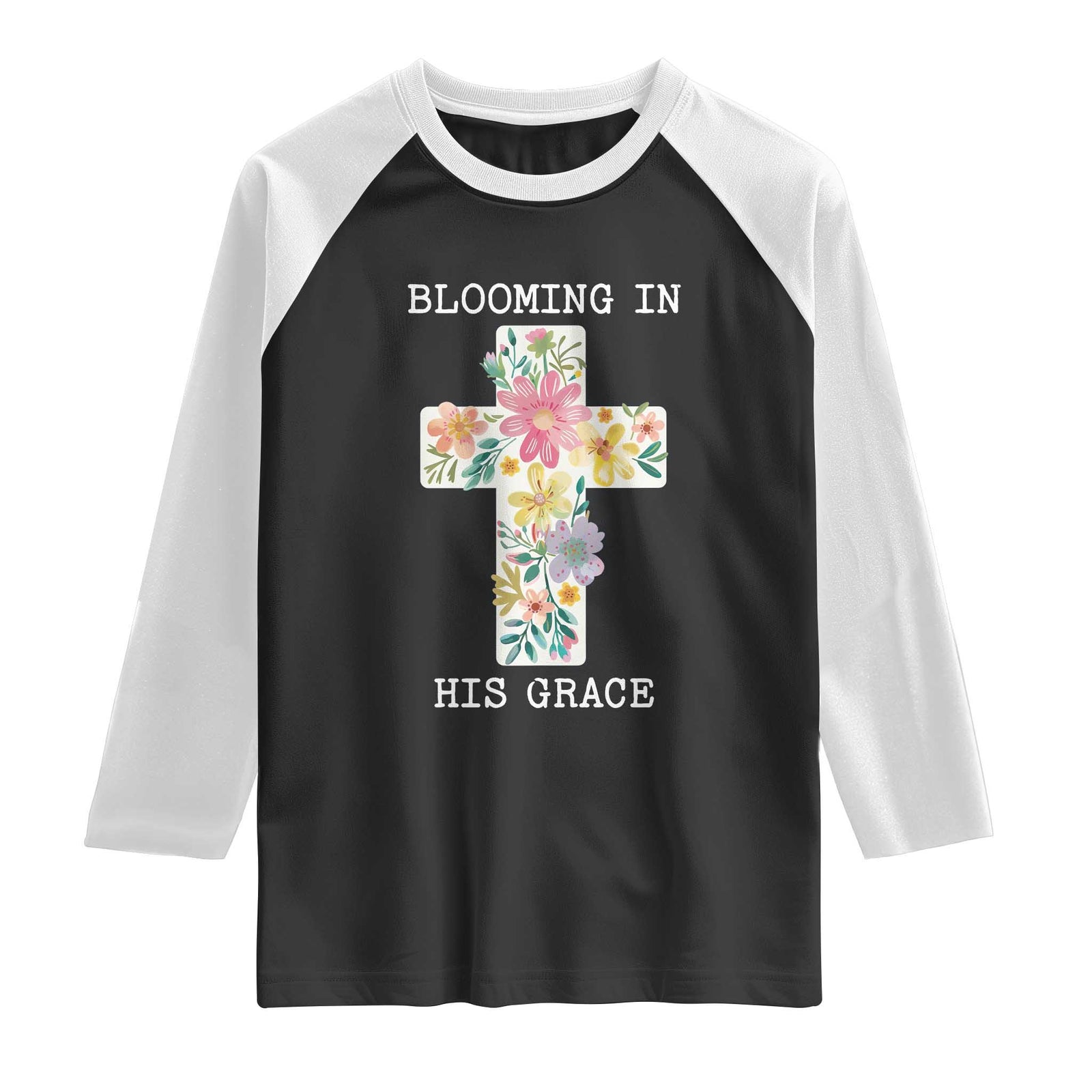 Blooming in His Grace Boho Christian Wildflower Raglan Shirt Floral Cross Religious TS14 Black White Print Your Wear