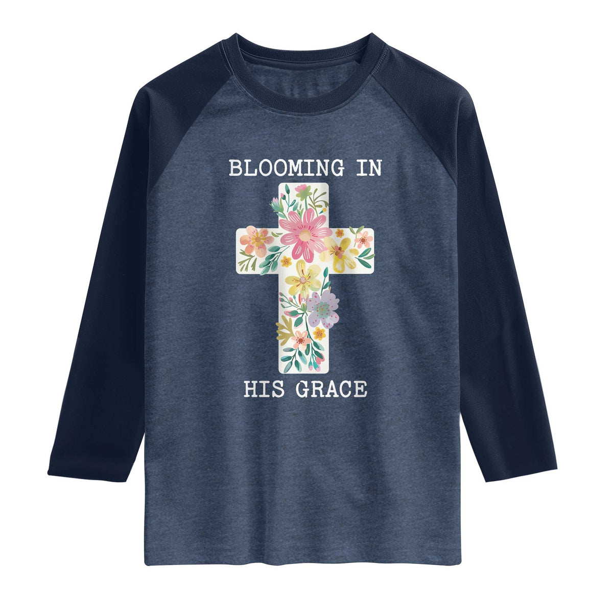 Blooming in His Grace Boho Christian Wildflower Raglan Shirt Floral Cross Religious TS14 Heather Denim Navy Print Your Wear