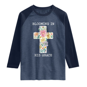 Blooming in His Grace Boho Christian Wildflower Raglan Shirt Floral Cross Religious TS14 Heather Denim Navy Print Your Wear