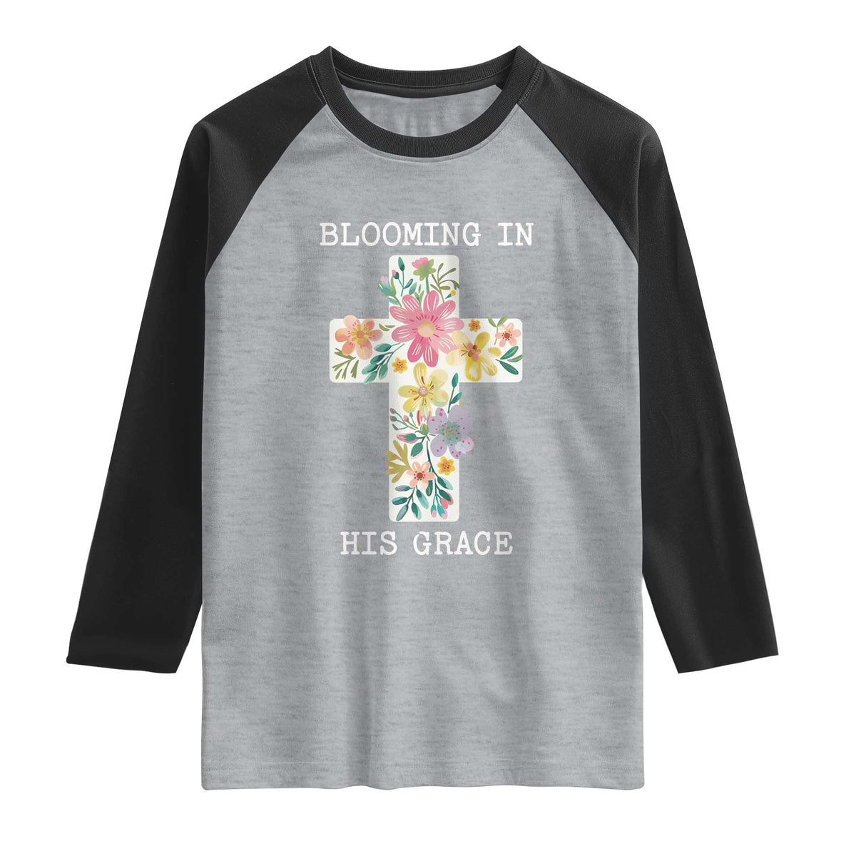 Blooming in His Grace Boho Christian Wildflower Raglan Shirt Floral Cross Religious TS14 Heather Gray Black Print Your Wear