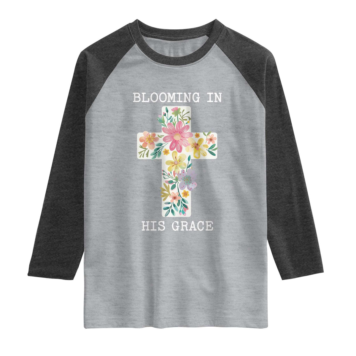 Blooming in His Grace Boho Christian Wildflower Raglan Shirt Floral Cross Religious TS14 Heather Gray Heather Charcoal Print Your Wear