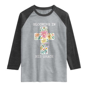 Blooming in His Grace Boho Christian Wildflower Raglan Shirt Floral Cross Religious TS14 Heather Gray Heather Charcoal Print Your Wear