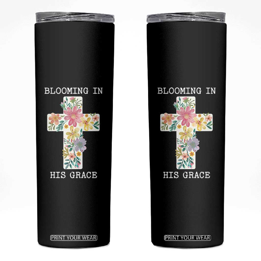 Blooming in His Grace Boho Christian Wildflower Skinny Tumbler Floral Cross Religious TS14 Black Print Your Wear